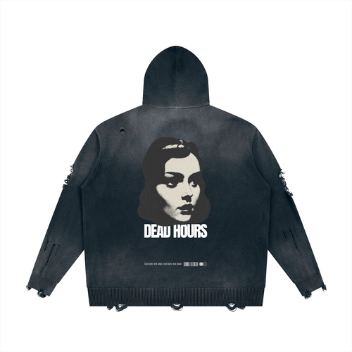 Dead Distressed Hoodie, washed dark gray zip-up hoodie, back view with portrait print
