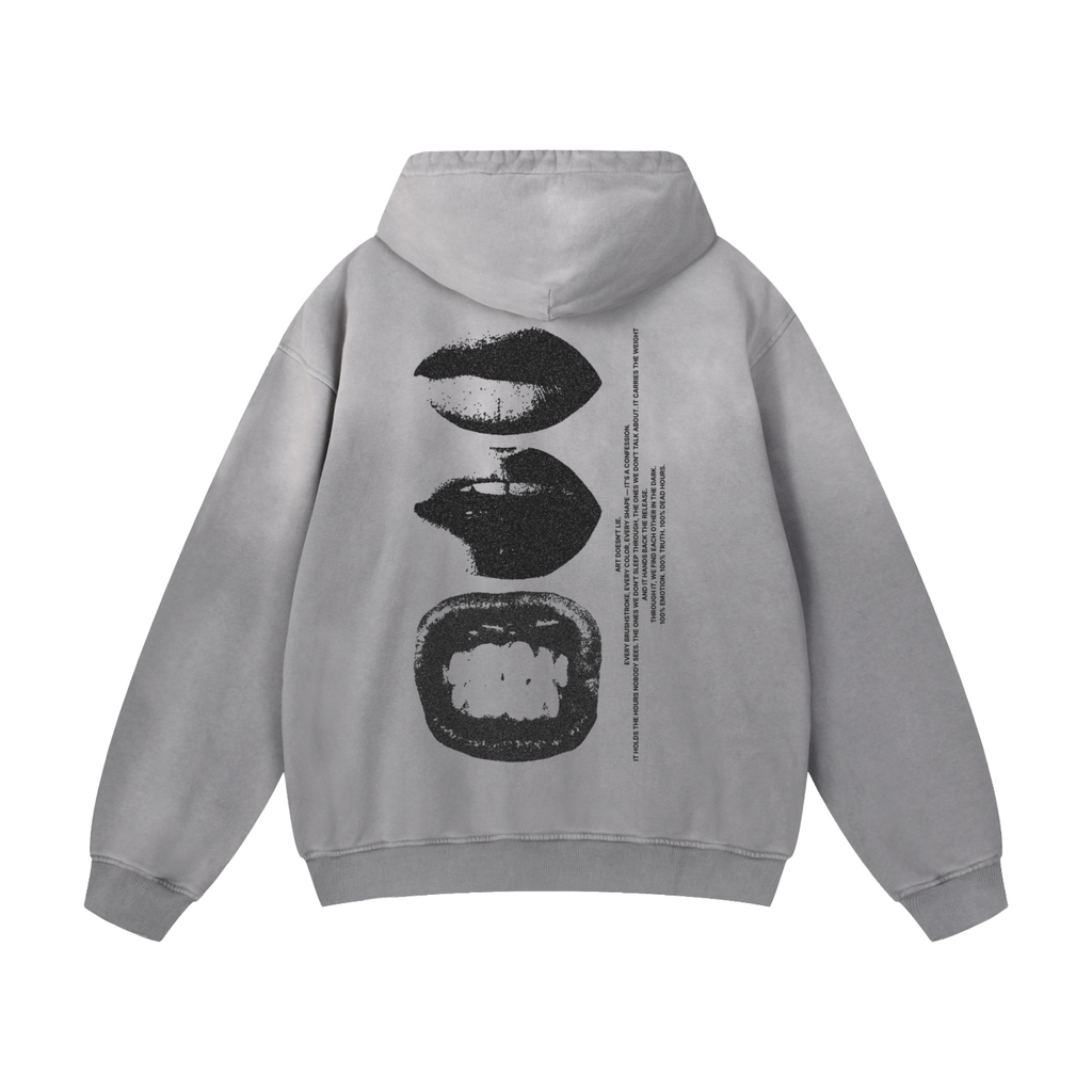 Dead Smile Hoodie in washed gray, back view with smile graphic