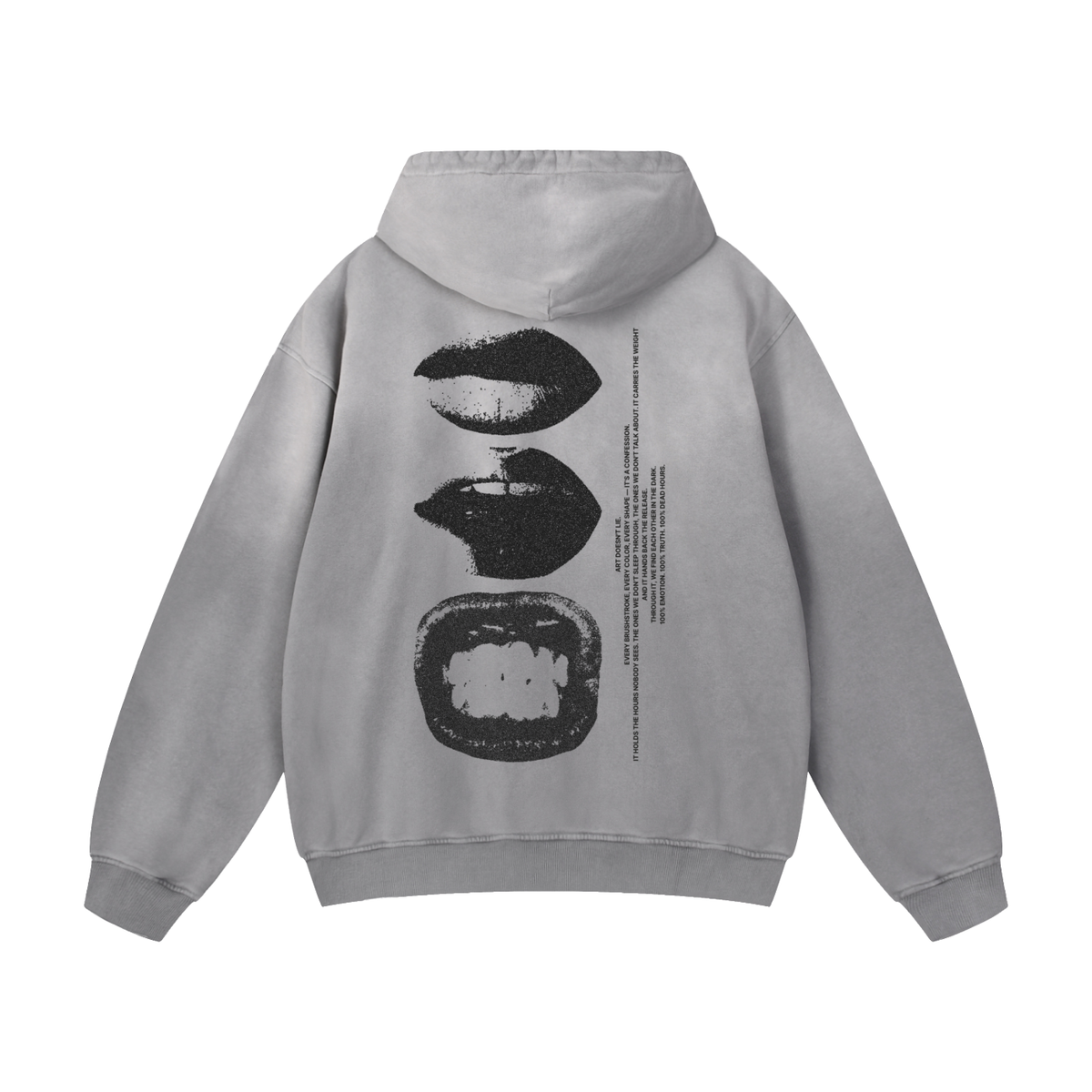 Dead Smile Hoodie in washed gray, back view with smile graphic