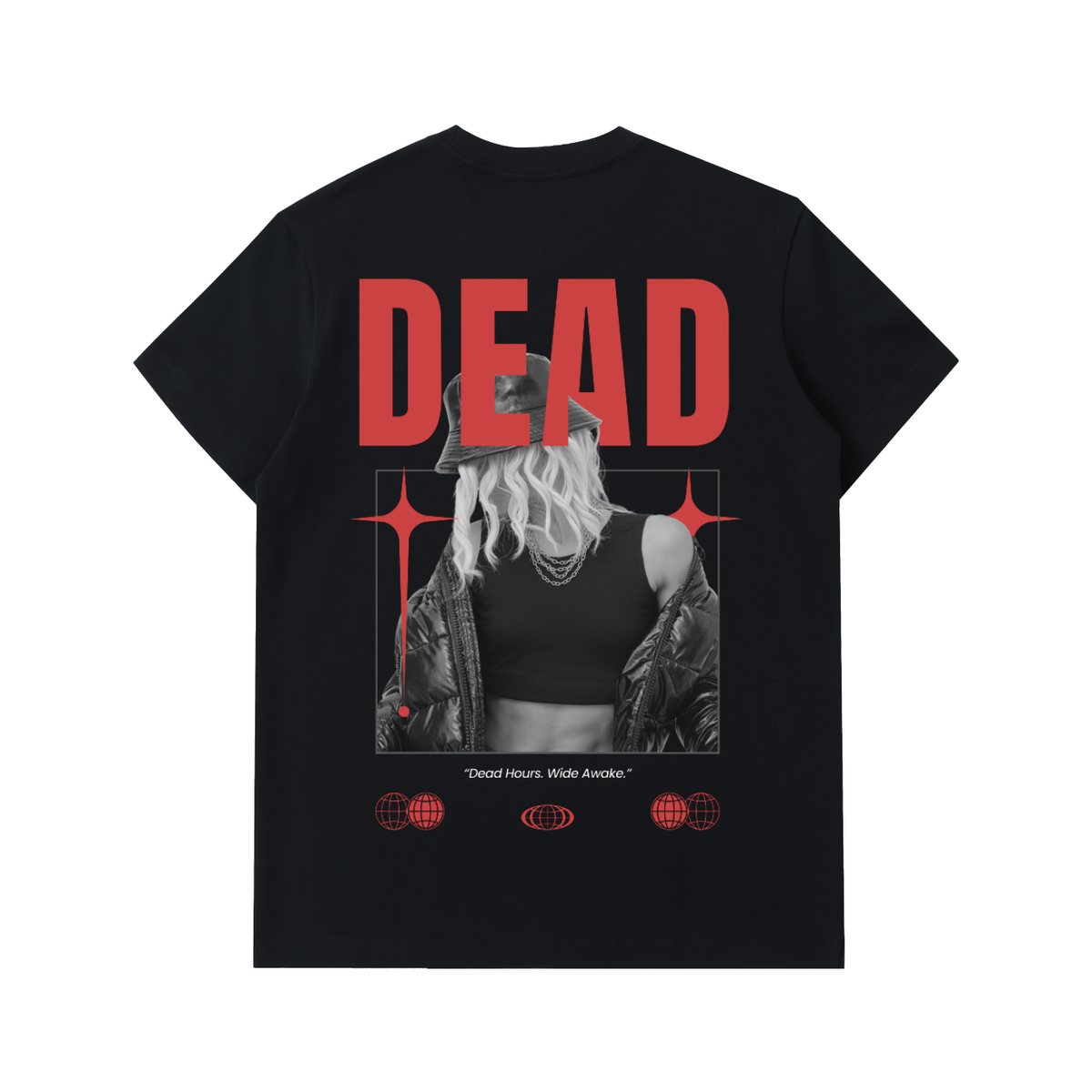 Dead Gurl Tee, black heavyweight t-shirt, back view with red DEAD graphic