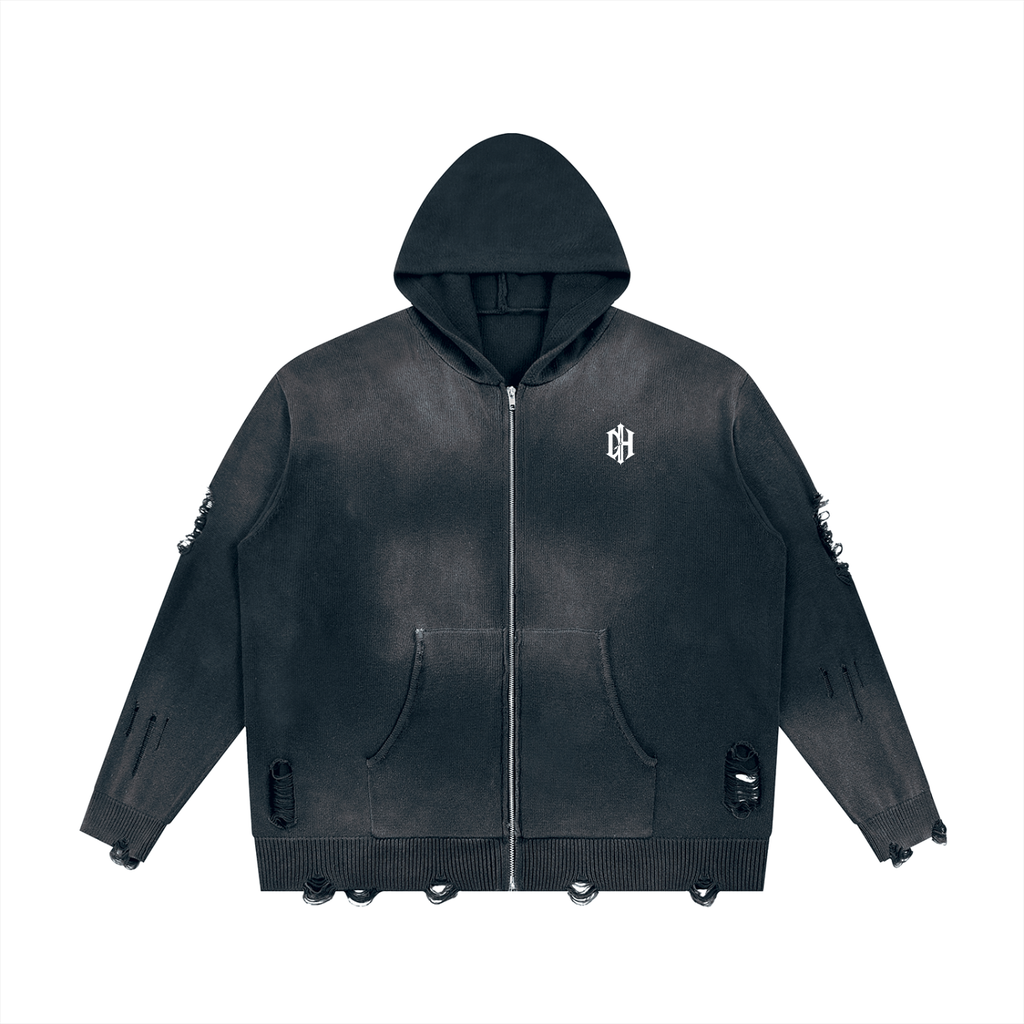 Dead Distressed Hoodie, washed dark gray zip-up hoodie with ripped details, front view