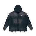 Dead Distressed Hoodie, washed dark gray zip-up hoodie with ripped details, front view