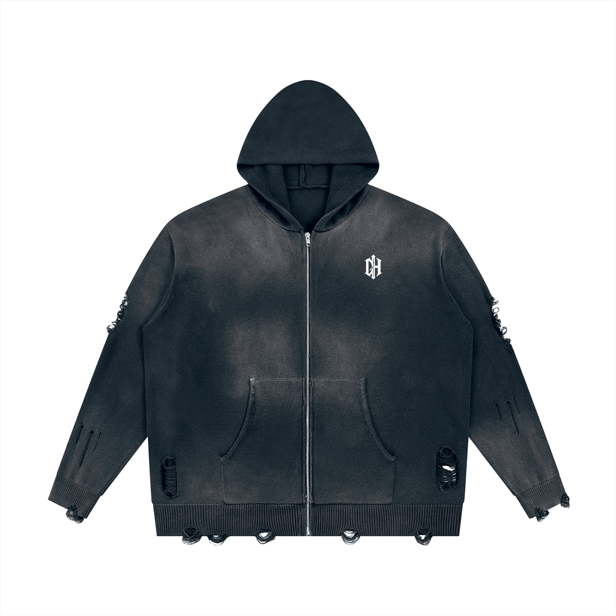 Dead Distressed Hoodie, washed dark gray zip-up hoodie with ripped details, front view