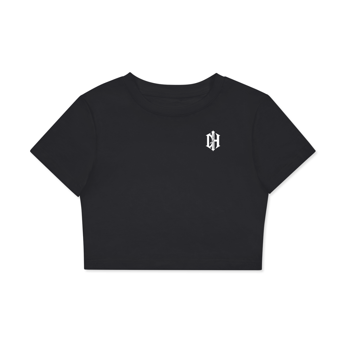 Dead Crop Tee, fitted black crop top, front view with Dead Hours Club chest logo