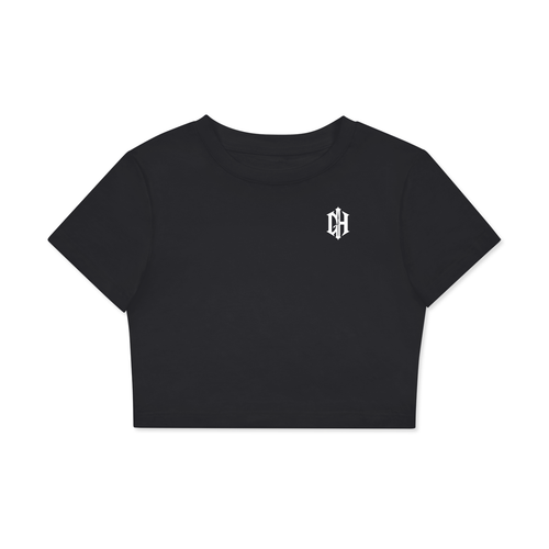 Dead Crop Tee, fitted black crop top, front view with Dead Hours Club chest logo