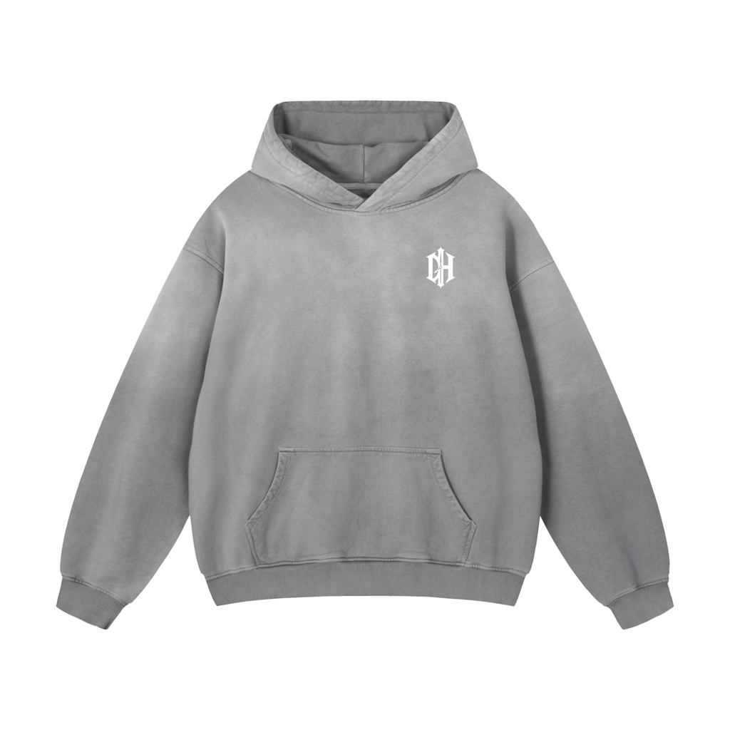 Dead Smile Hoodie in washed gray, front view