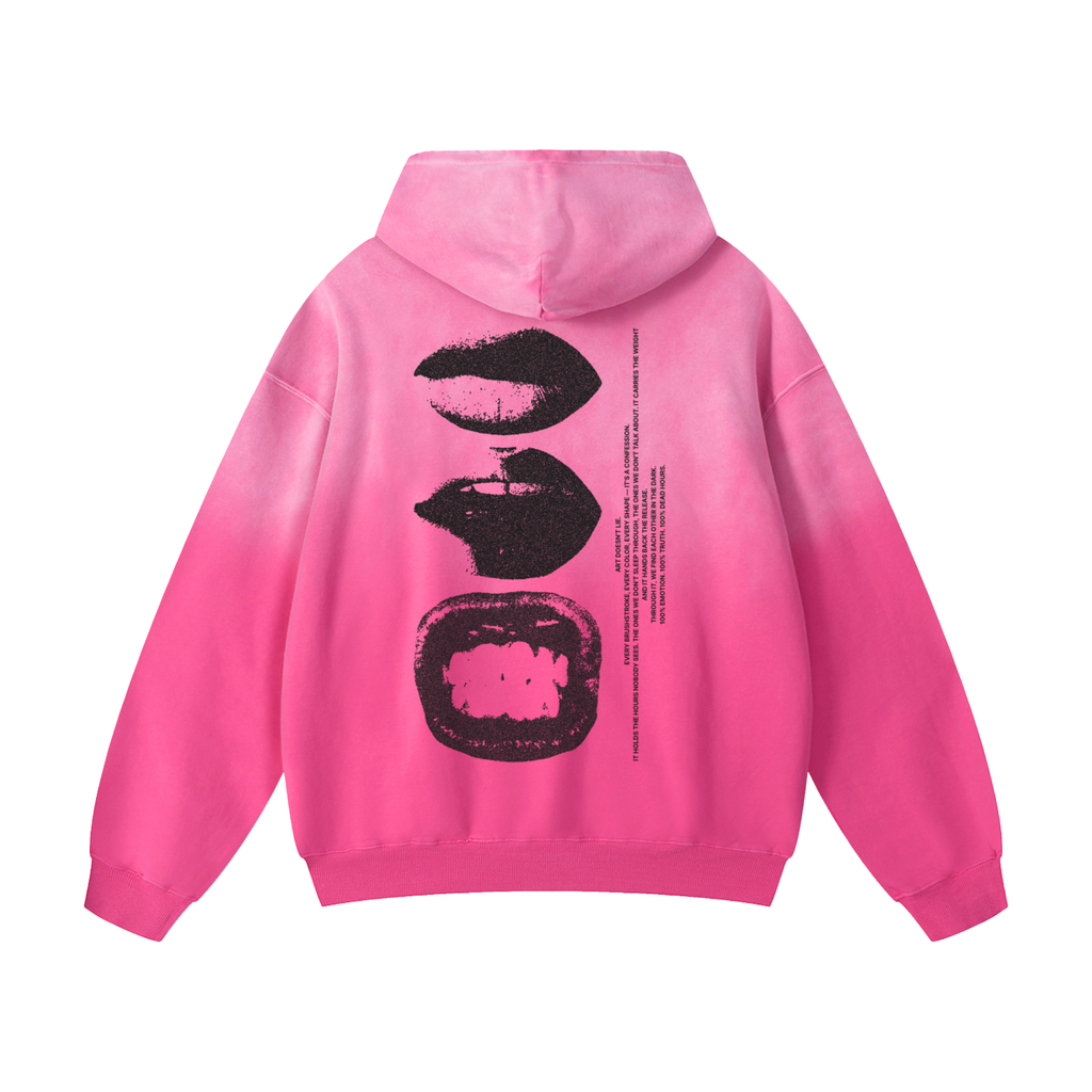 Dead Smile Hoodie in washed pink, back view with smile graphic