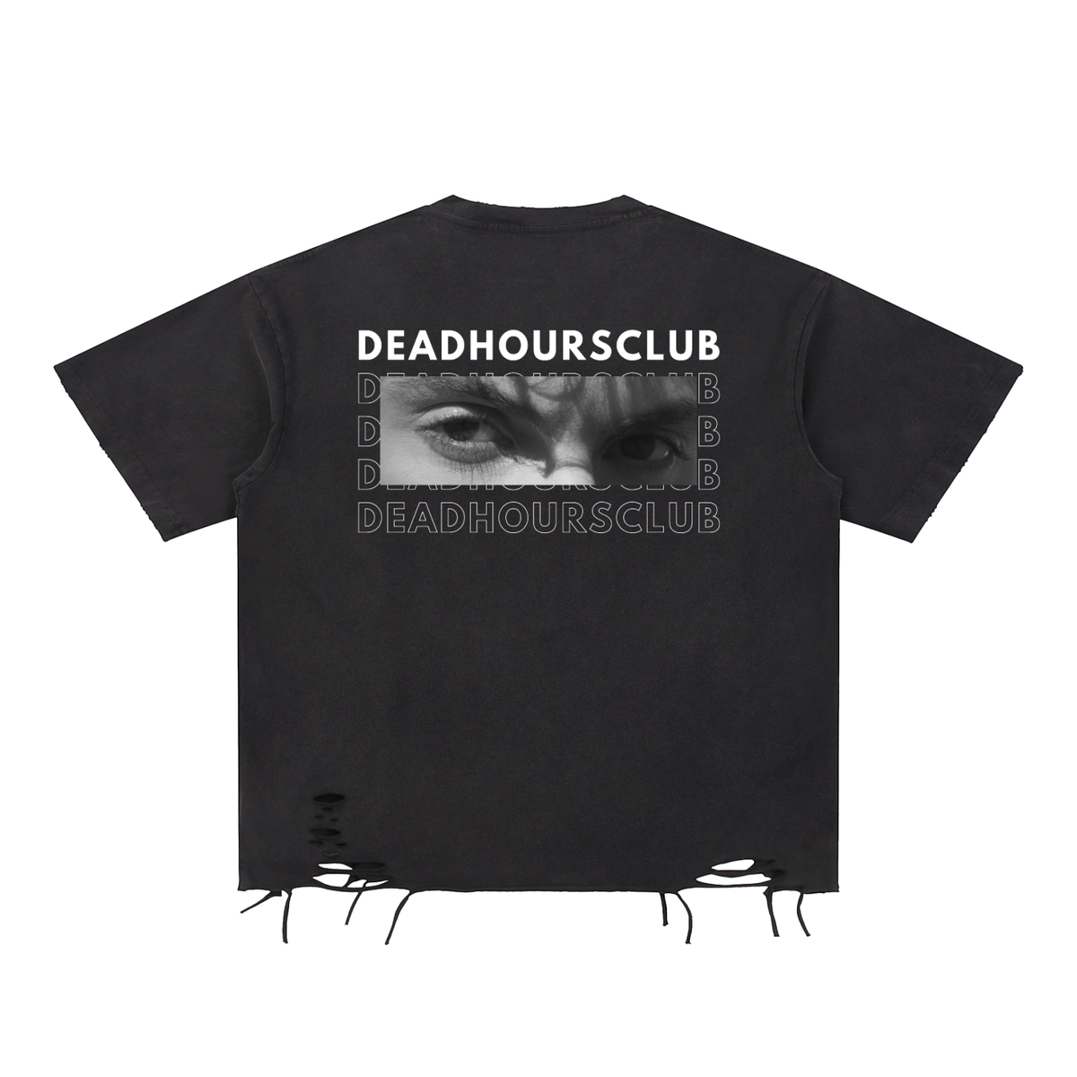 Dead Hem Tee, snow-washed black t-shirt with ripped hem, back view with DEADHOURSCLUB photo graphic