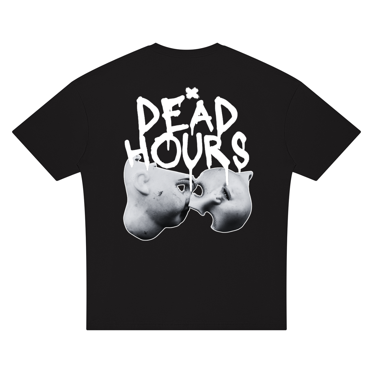 Dead Doll Tee, black graphic t-shirt, back view with DEAD HOURS doll print